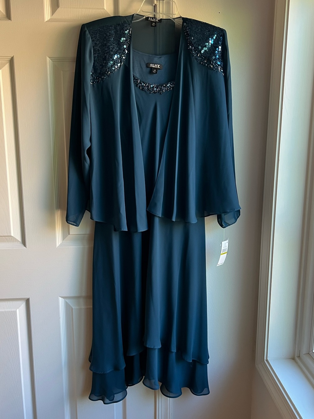 SLNY Women's Teal Sequined Jacket Dress Set